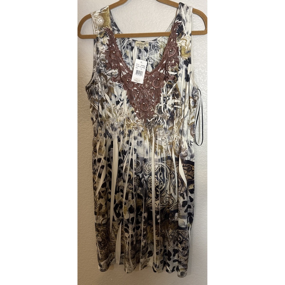 One World Womens XL Sleeveless Lace Animal Print Midi Dress Boho Beach NEW